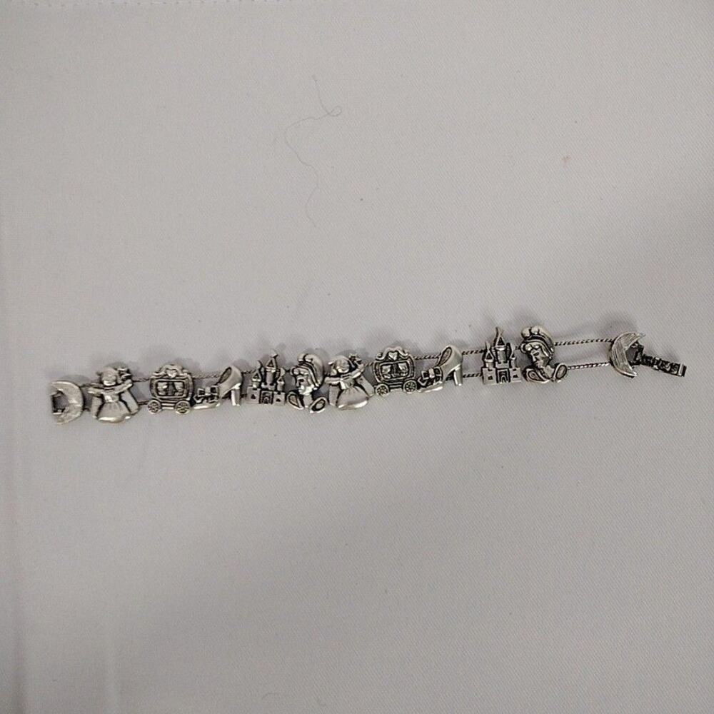 Silver Tone Fairy Tale Charm Bracelet Cinderella Castle Shoe 7.5 In Jewelry